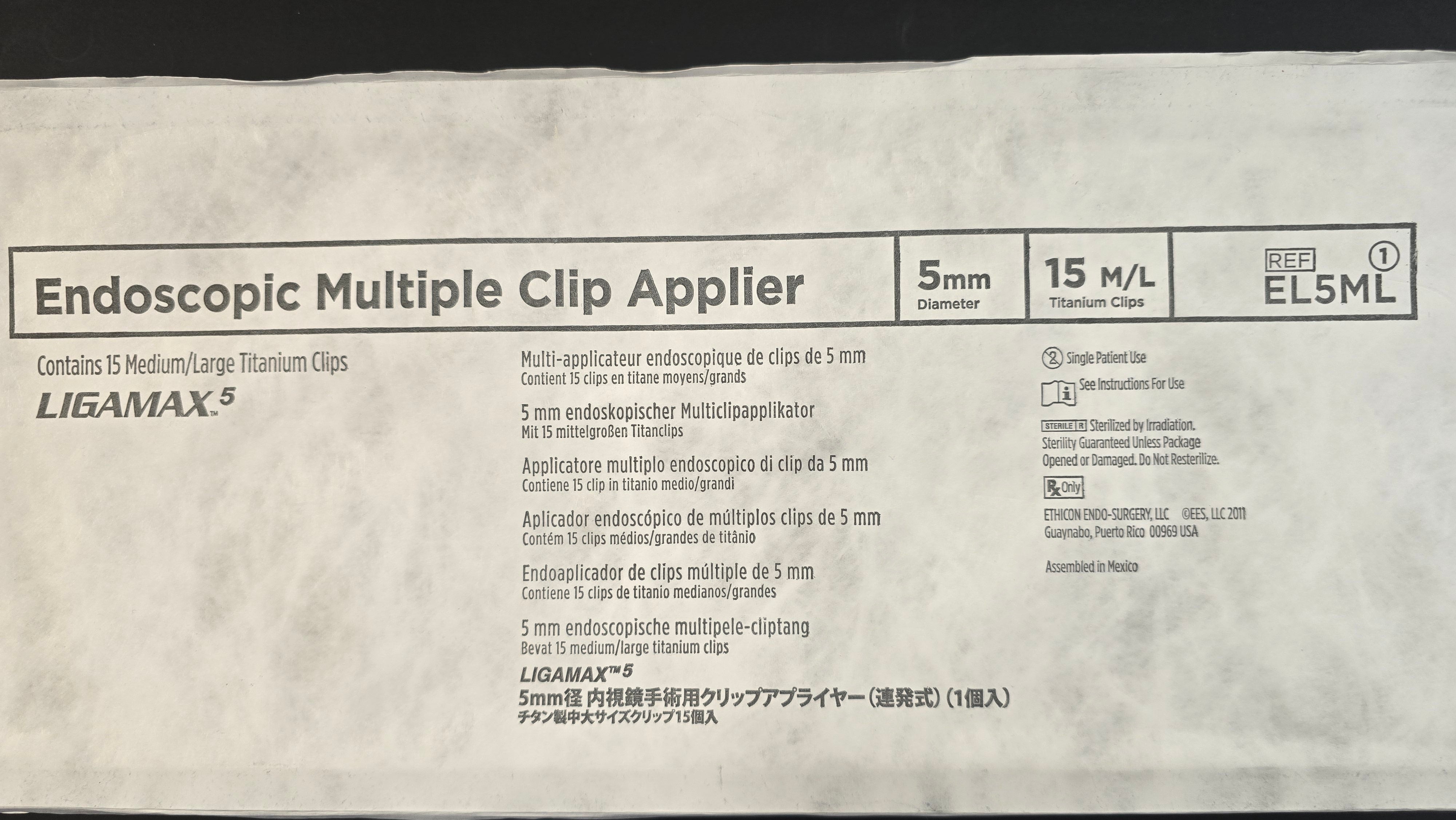 Ethicon Endoscopic Multiple Clip Applier REF: EL5ML Dated: 2026