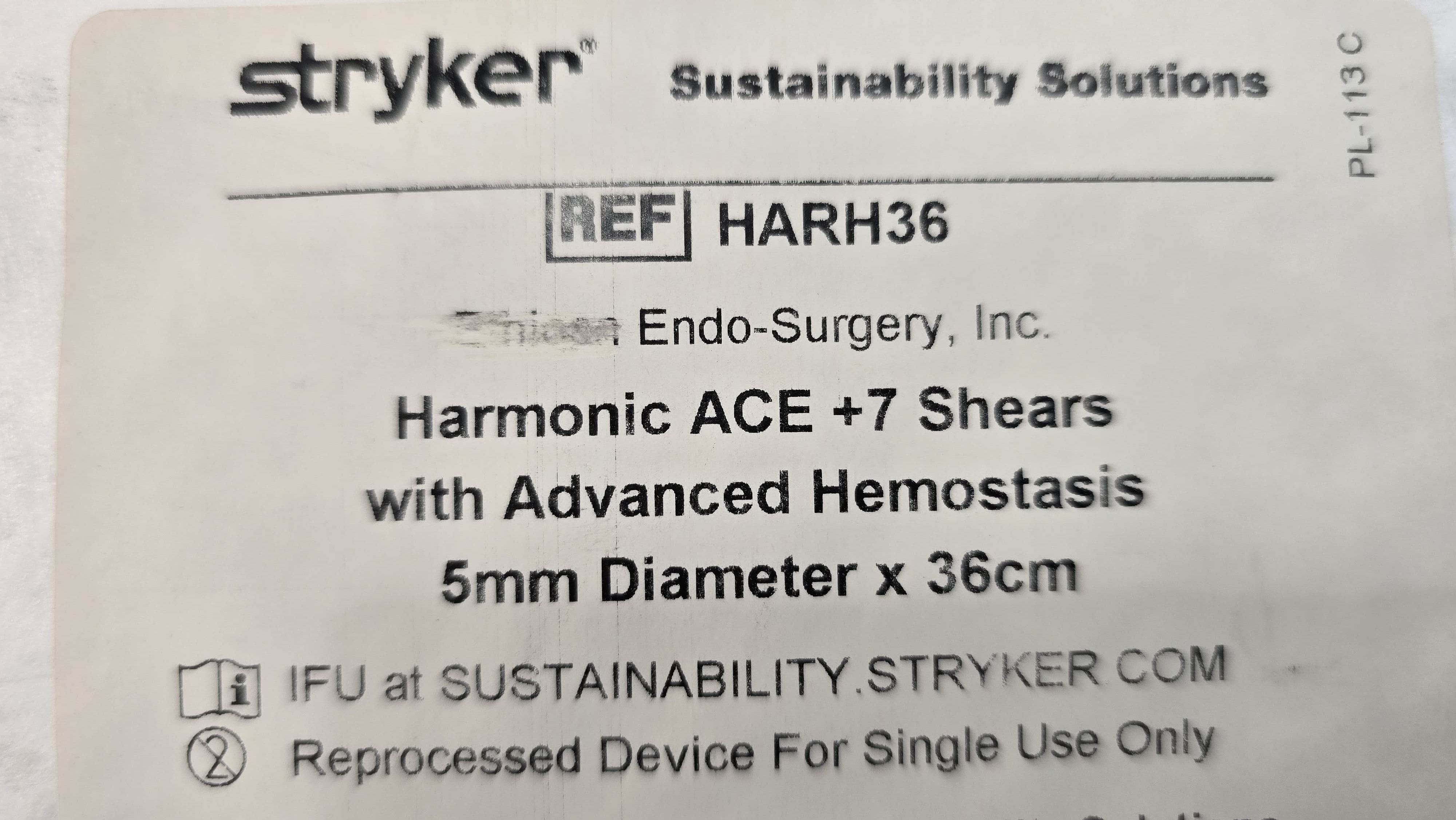 Stryker Harmonic ACE + 7 Shears with Advanced Hemostasis 5mm Diameter x 36cm REF: HARH36